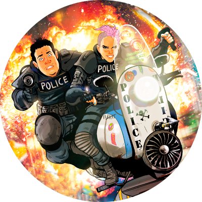 Två poliser kör iväg från en explosion på motorcykel.