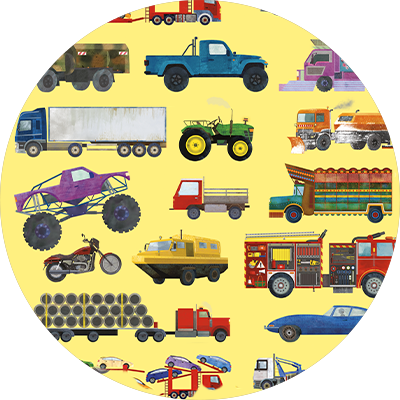 Många olika fordon på gul bakgrund.