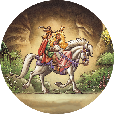 En prins och en prinsessa som rider på en häst.