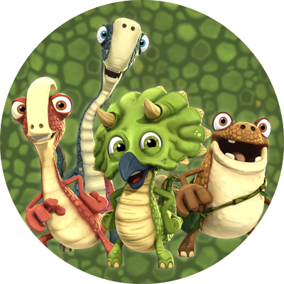 De fyra dinosaurierna från "Gigantosaurus" mot en bakgrund som ser ut som djungelväxter.