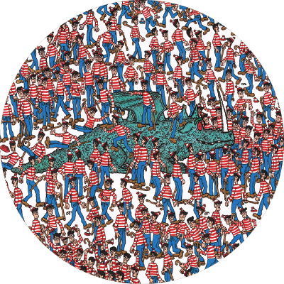 En folkmassa med många figurer som liknar Holger.