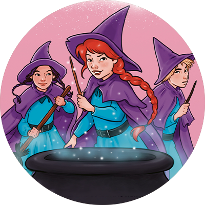 Tre häxor som står runt en häxkittel.