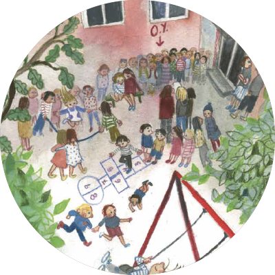 En tecknad skolgård.