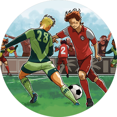 Två pojkar som spelar fotboll.