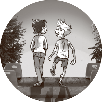 Två vänner går och pratar.