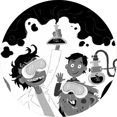 Två barn och en hamster i vetenskapskläder gör ett experiment.