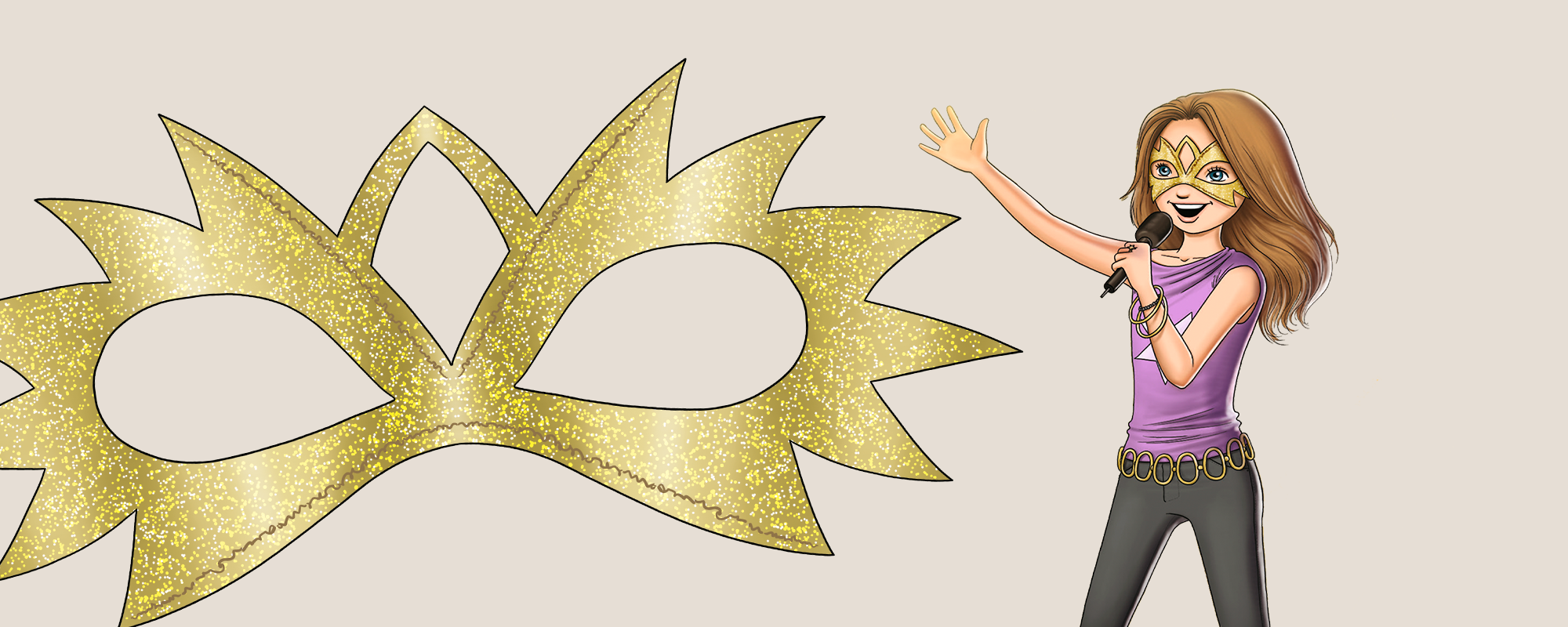 En beige banderoll med en guldmask och figuren Stjärnflickan, från serien 'Stjärnflickan' av Nicole Boyle Rødtnes. Stjärnflickan ser glad ut och sjunger i en mikrofon.