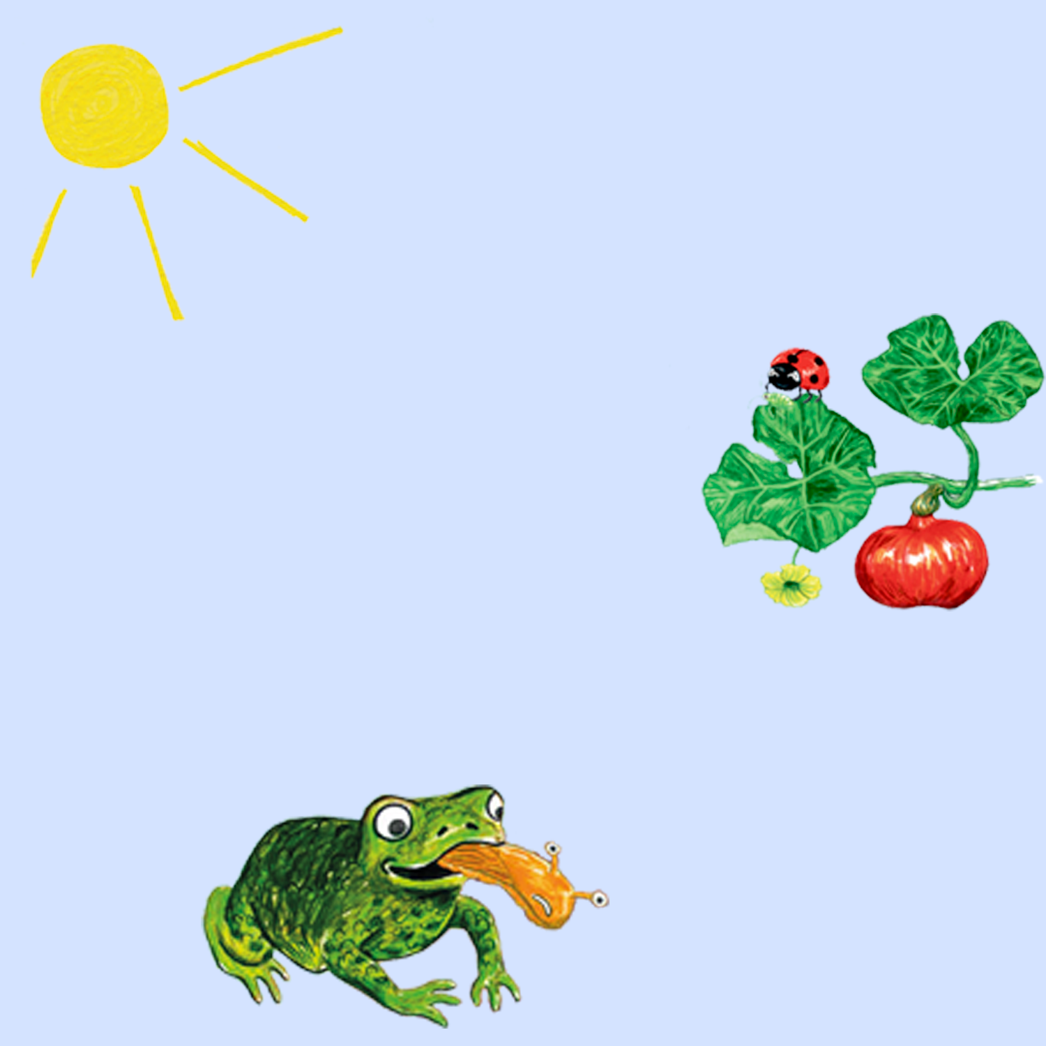 Ljusblå bild med en liten grön groda, en gul sol och en nyckelpiga som kryper på ett löv.