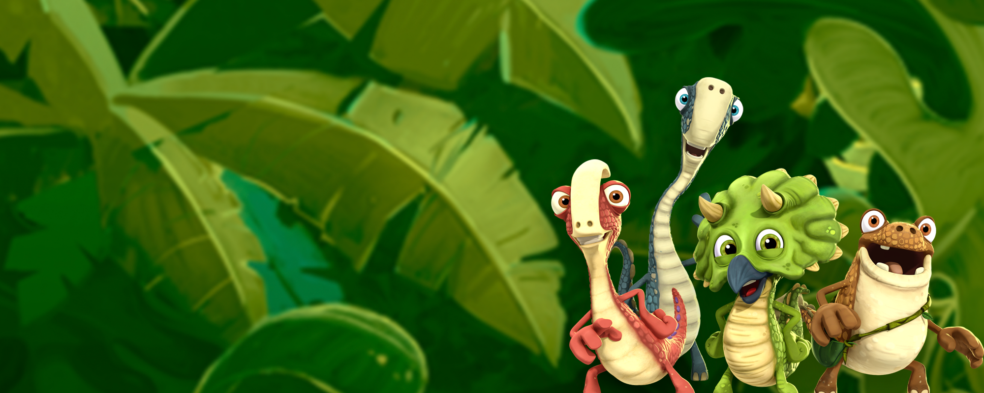 Grön banderoll med karaktärerna från Gigantosaurus-serien.